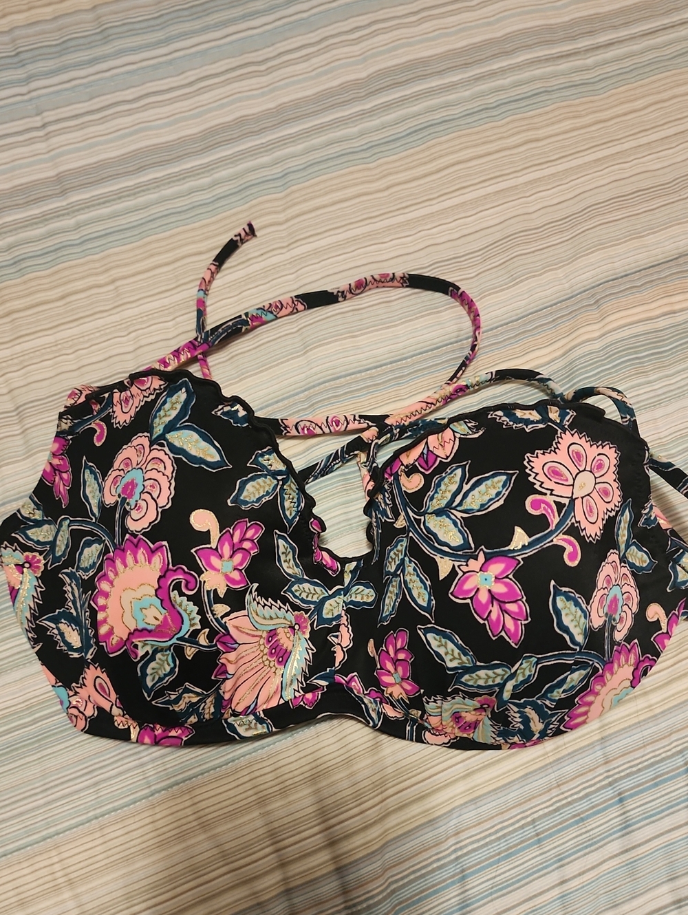 Shade & Shore Black Bikini Top with Pink & Teal Accents